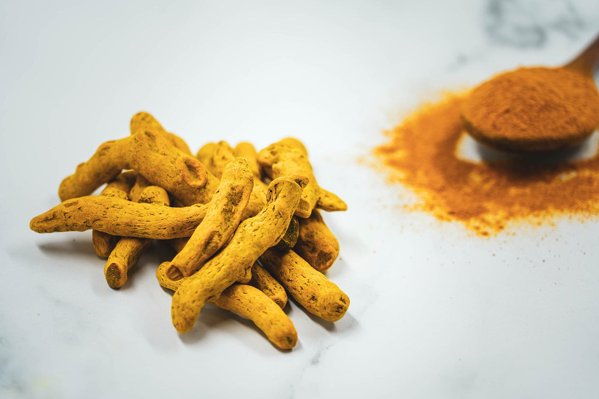 Fresh turmeric root and ground turmeric