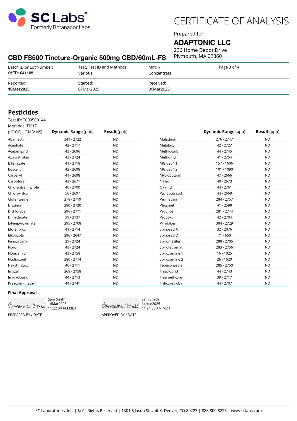 CBD Full Spectrum 500 certificate of analysis