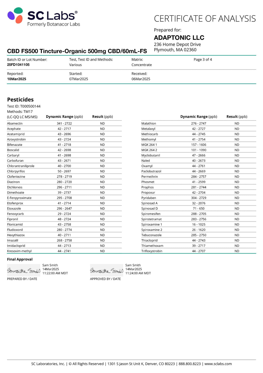CBD Full Spectrum 500 certificate of analysis