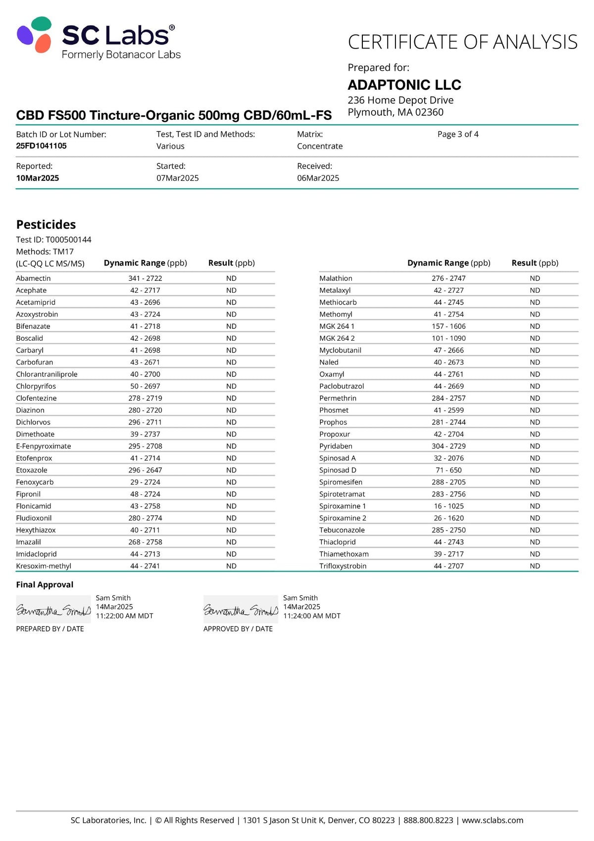 CBD Full Spectrum 500 certificate of analysis