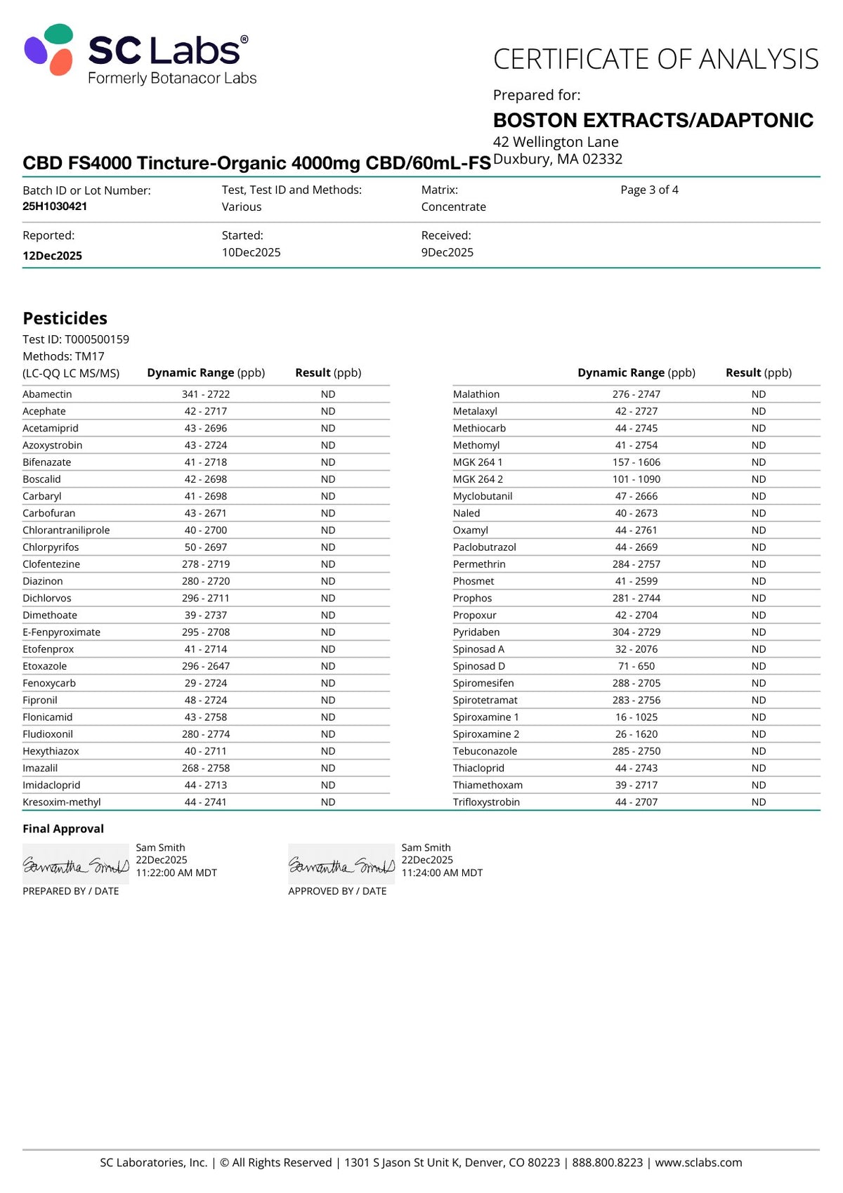 CBD Full Spectrum 4000 certificate of analysis, December 2025, page 3 of 4