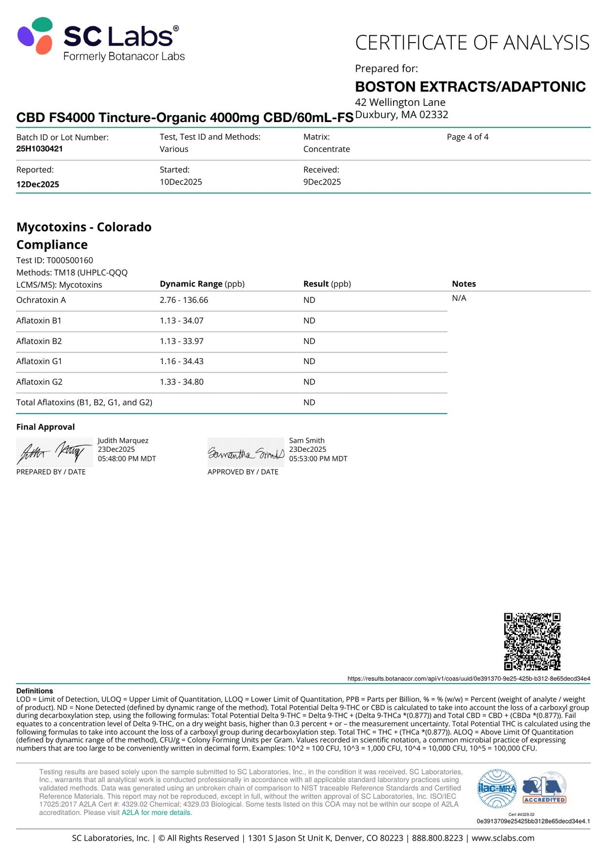 CBD Full Spectrum 4000 certificate of analysis, December 2025, page 4 of 4