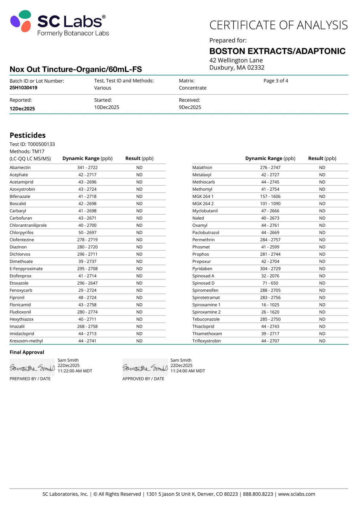 Nox Out certificate of analysis, December 2025, page 3 of 4