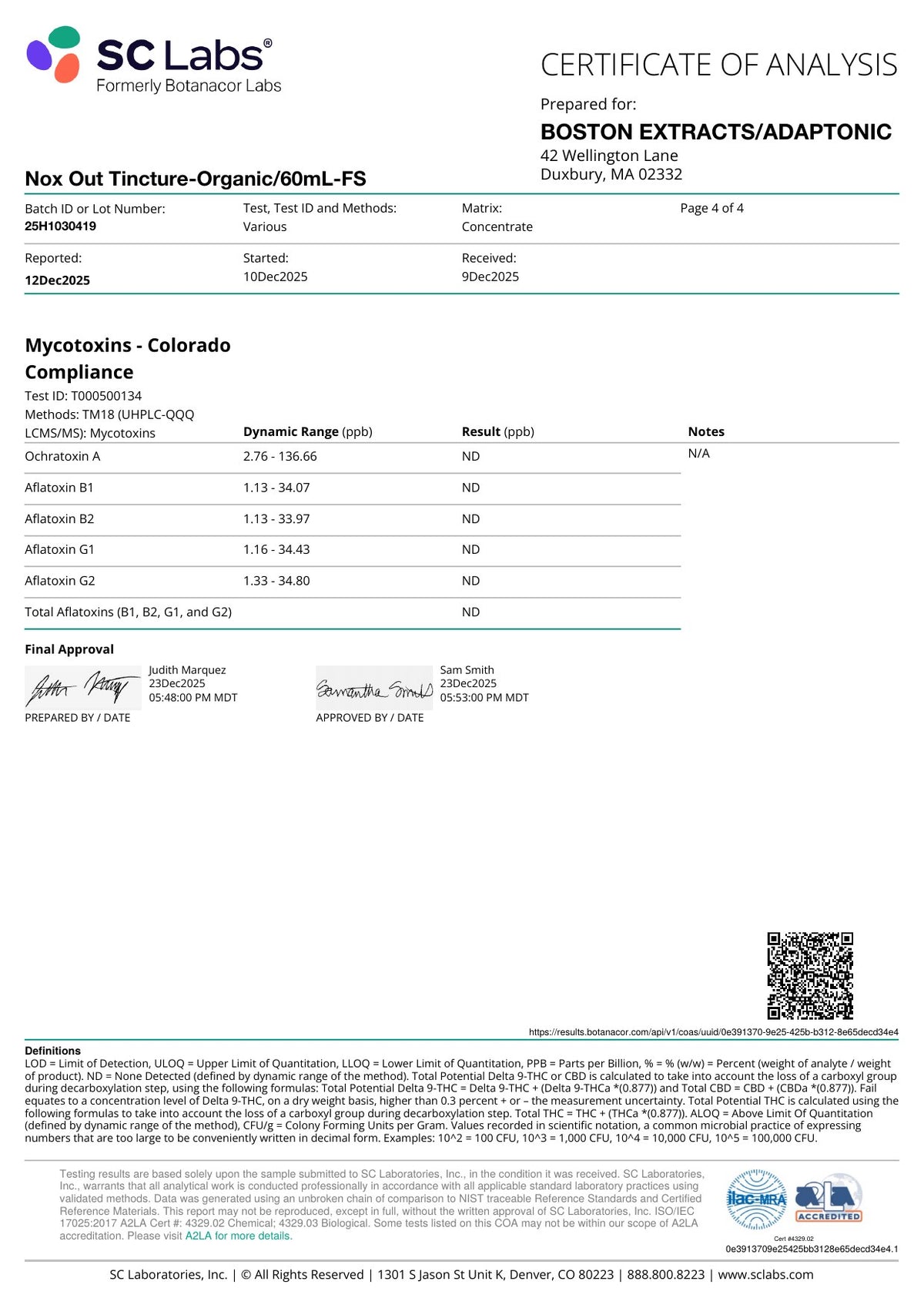 Nox Out certificate of analysis, December 2025, page 4 of 4