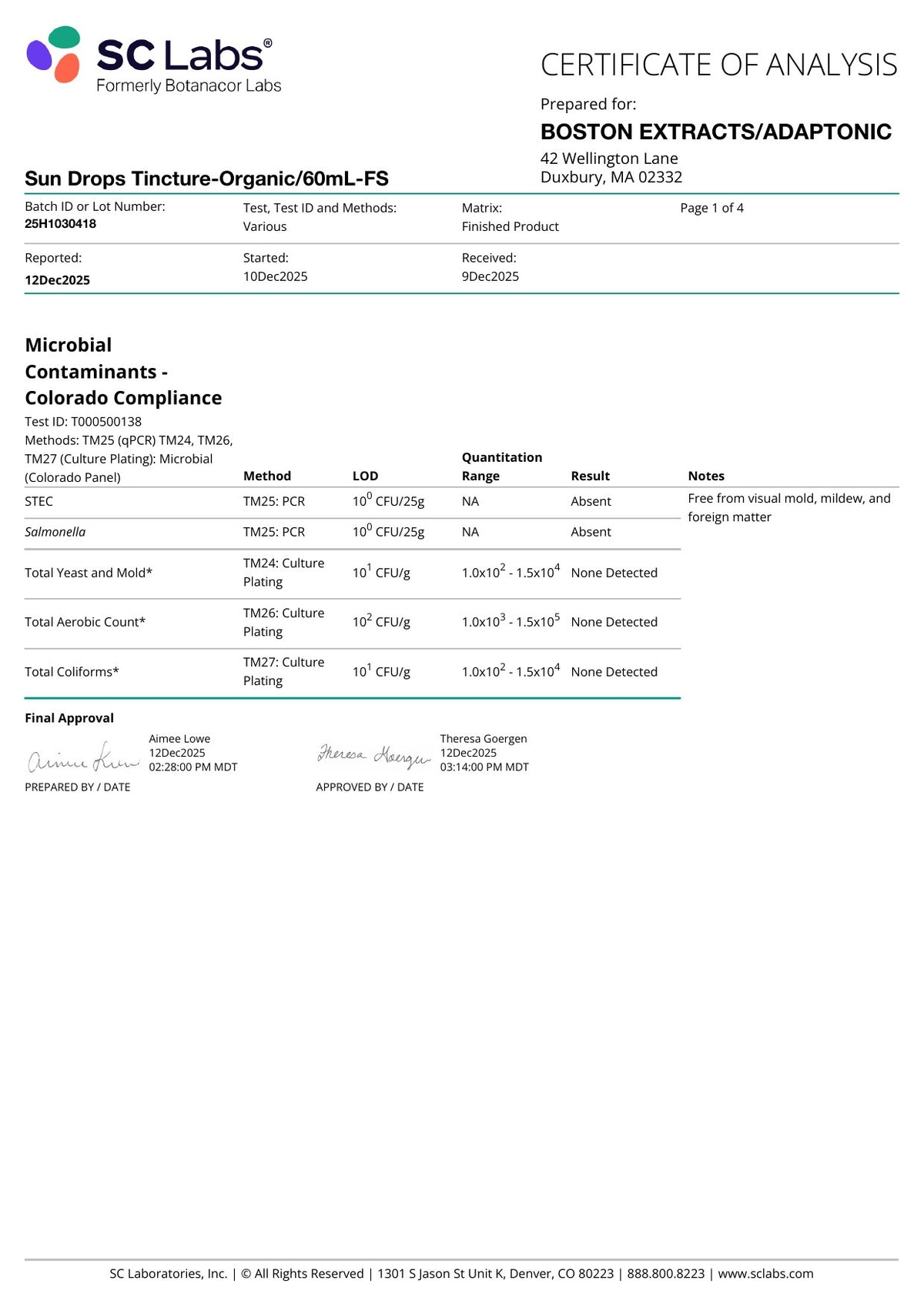 Sun Drops certificate of analysis, December 2025, page 1 of 4
