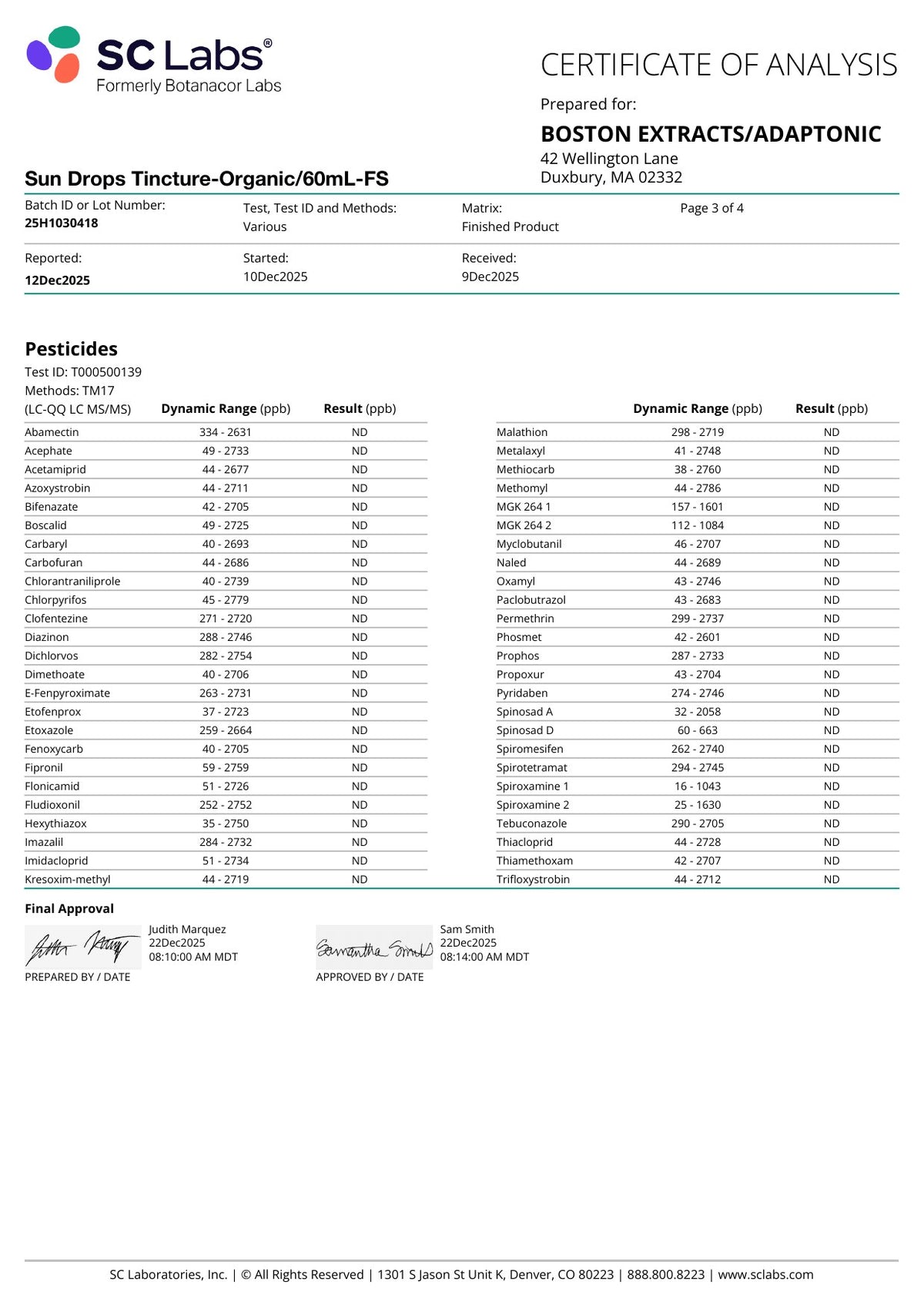 Sun Drops certificate of analysis, December 2025, page 3 of 4